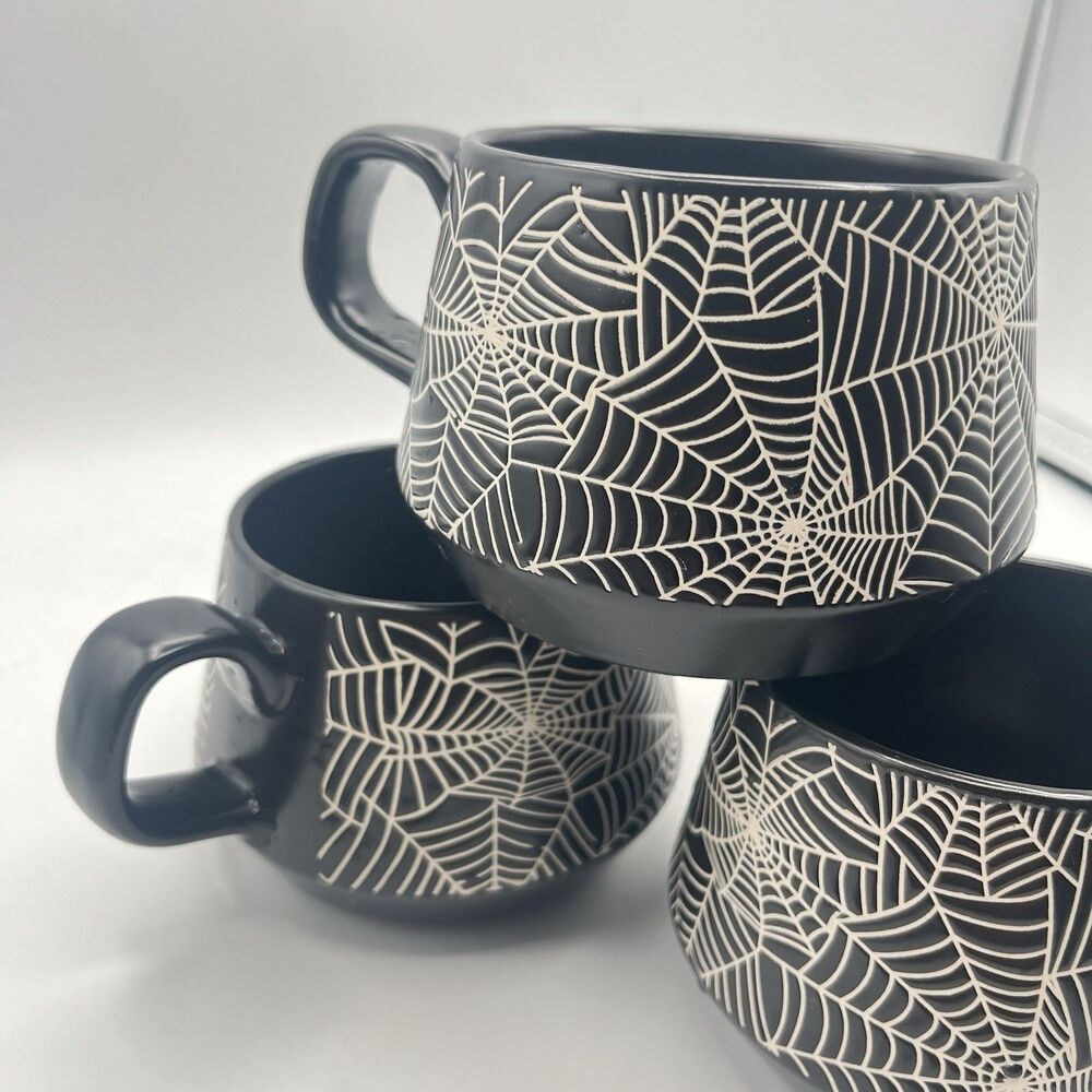 COCO + LOLA Halloween Spiderweb Set of 3 Coffee Mugs Black Cups Mug - Picture 2 of 13
